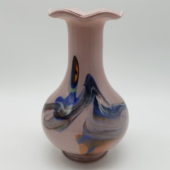 Satin Pink or Violet Multicoloured Swirls Spots Crimped Top Art Glass Vase - Picture 1 of 6